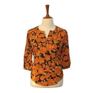 Womens Silky Blouse Floral Orange Black 3/4 Sleeve V-Neck Loose Casual Top Large